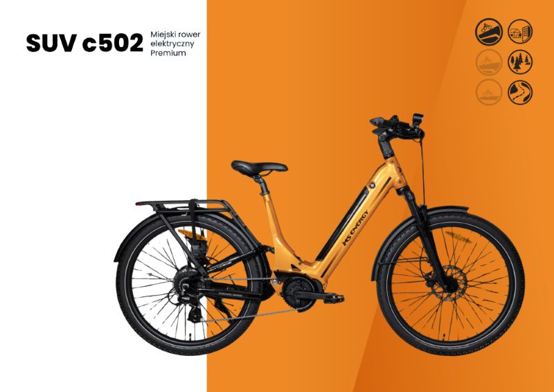 Rower elektryczny MS Energy SUV c502 na pomarańczowym tle